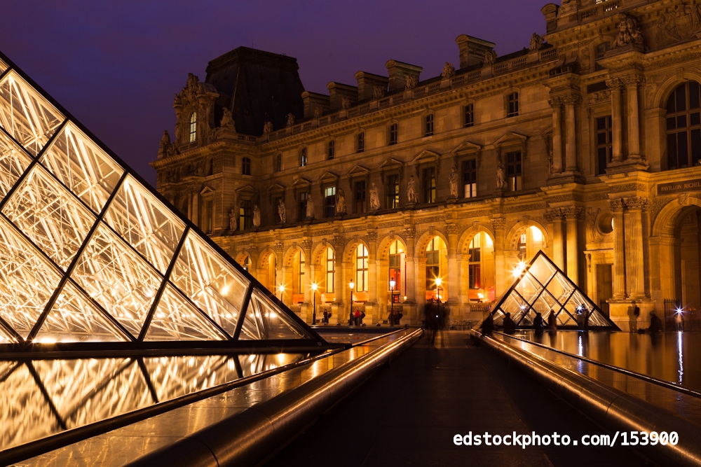 Louvre Museum and Pyramid with Reflections at Night, Paris, Fran