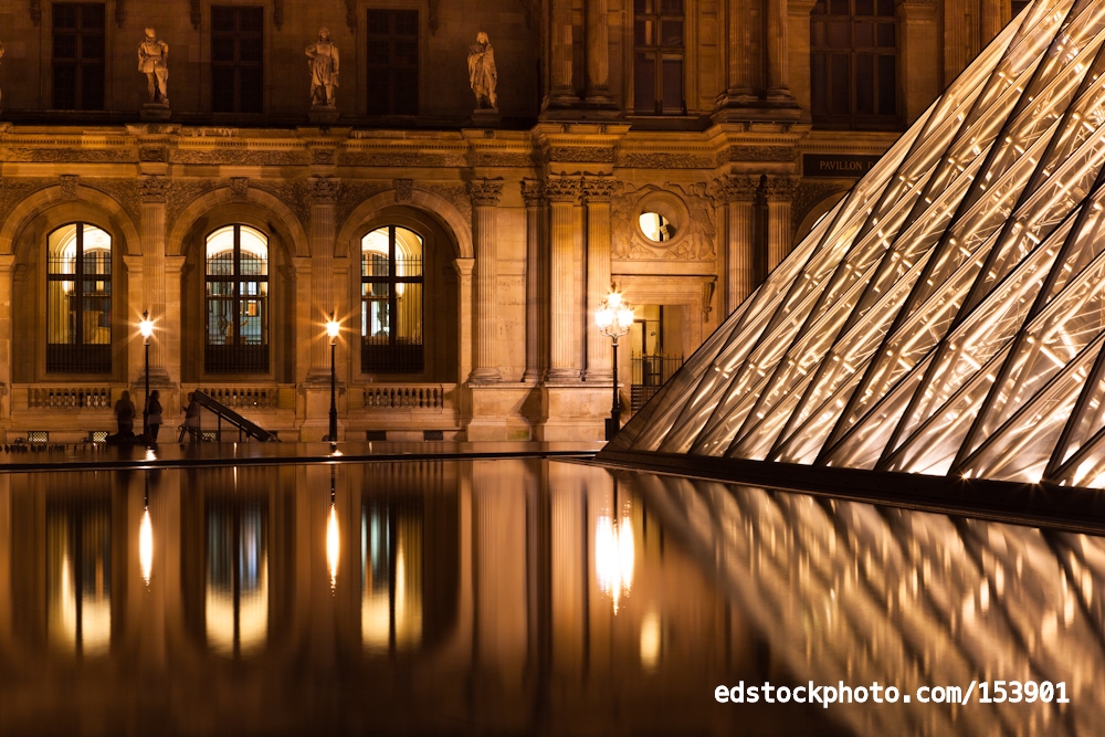 Louvre Museum and Pyramid with Reflections at Night, Paris, Fran