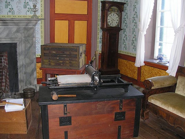 Printing press inside the Clover Hill Tavern at Appomattox Court House, Va