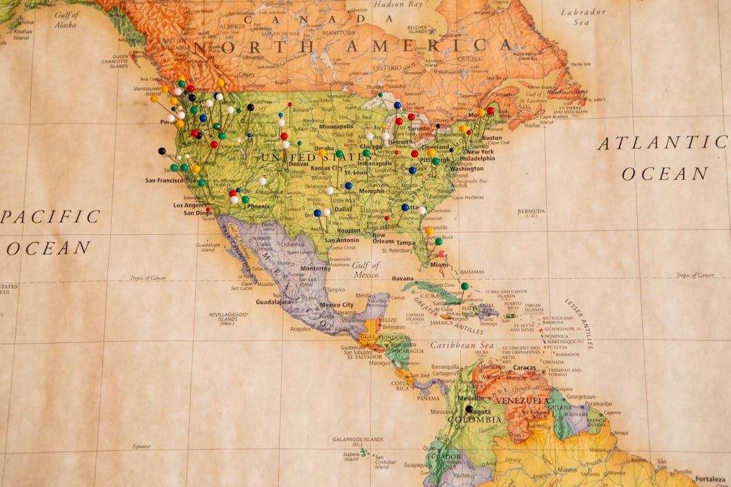North America map with pins, Hines, Oregon