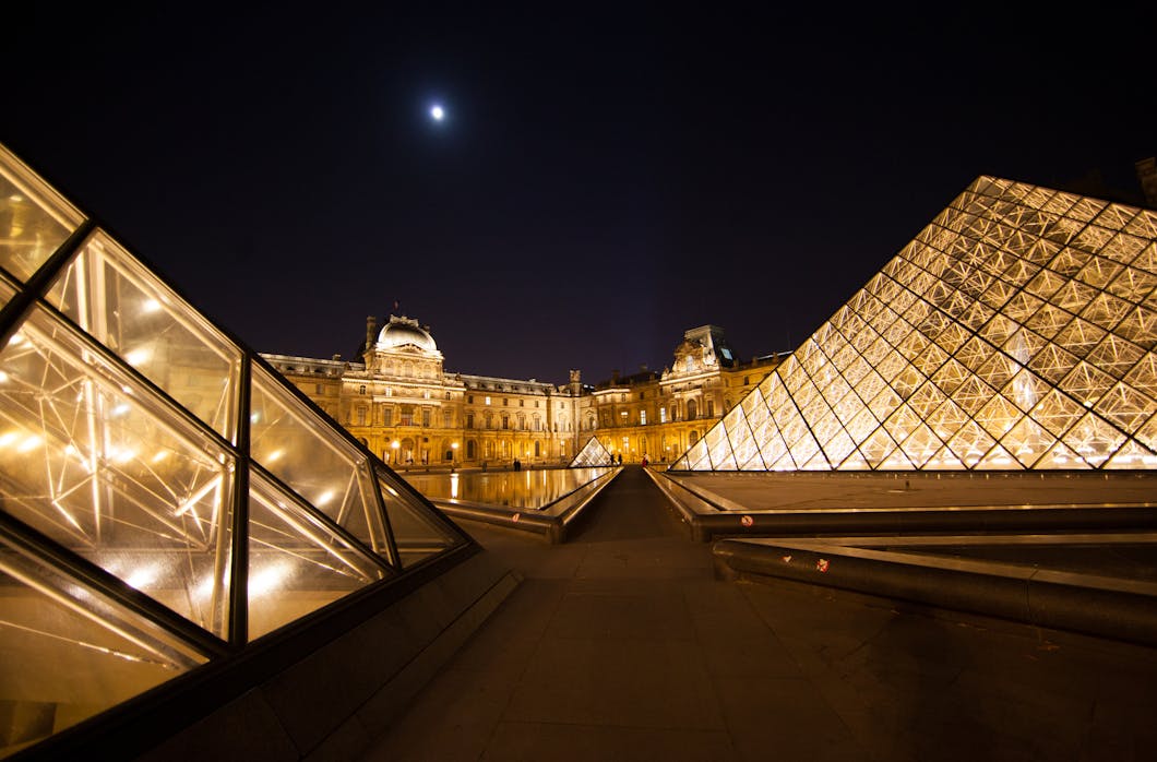 Louvre Museum and Pyramids with Moon, Paris, France