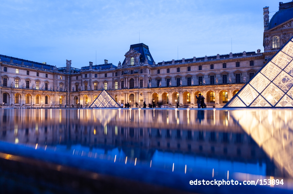 Louvre Museum and Pyramid at Blue Hour with Reflections, Paris, France