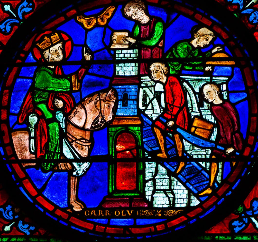 Construction of a Medieval Church in Santiago, Charlemagne Window - Chartres Cathedral, France