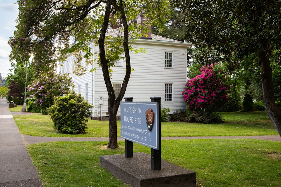 McLoughlin House from N, with National Historic Site Sign, Oregon City, Oregon