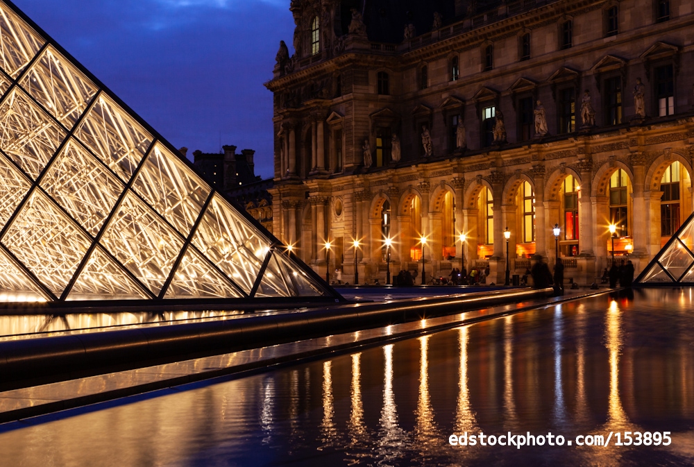 Louvre Museum and Pyramid at Blue Hour with Reflections, Paris,