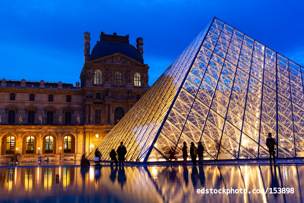 Louvre Museum and Pyramid at Blue Hour with Reflections, Paris,