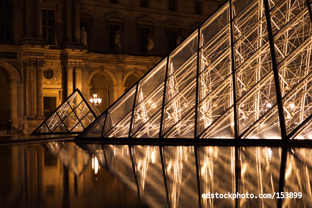 Louvre Museum and Pyramid with Reflections at Night, Paris, Fran